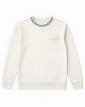 Cream-colored supawear terry towelling sweatshirt with ribbed crew neck black trim and front pocket embroidered brand name