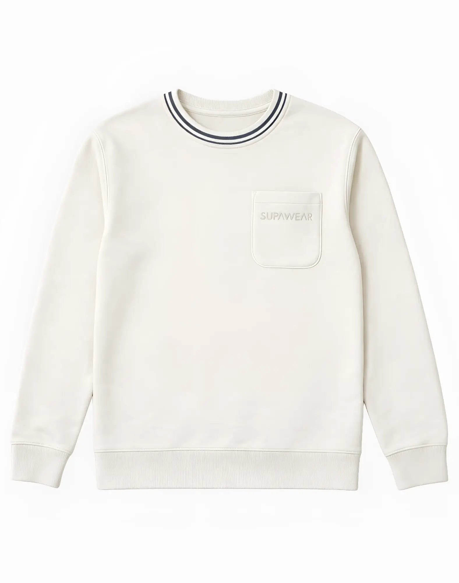 Cream-colored supawear terry towelling sweatshirt with ribbed crew neck black trim and front pocket embroidered brand name