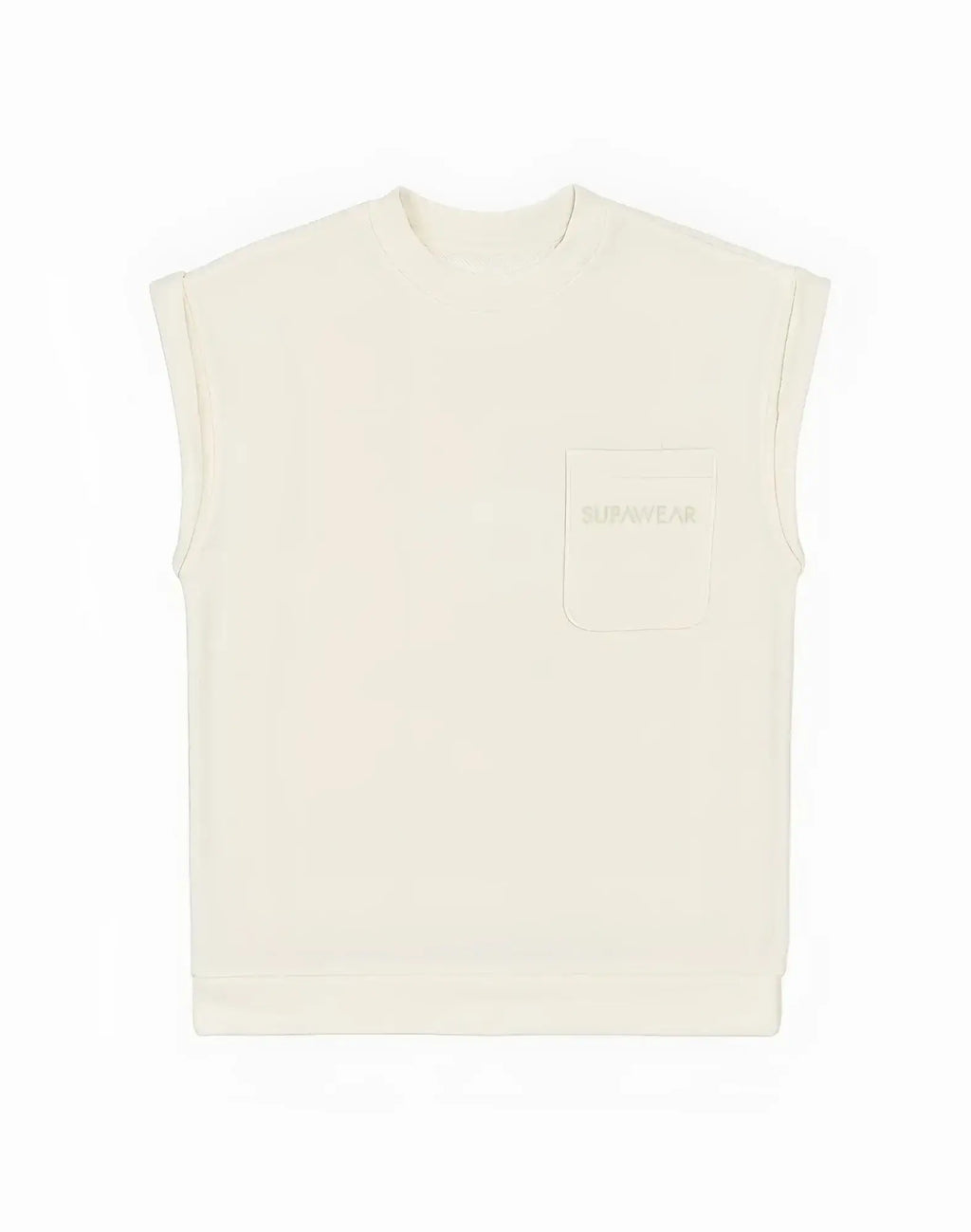Cream-colored sleeveless terry towelling sweatshirt with subtle embroidered logo on chest pocket by supawear
