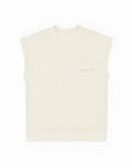 Cream-colored sleeveless terry towelling sweatshirt with subtle embroidered logo on chest pocket by supawear