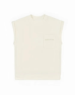 Cream-colored sleeveless terry towelling sweatshirt with subtle embroidered logo on chest pocket by supawear