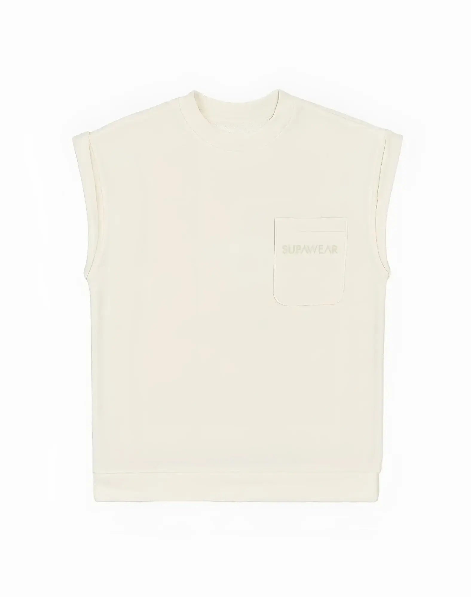Cream-colored sleeveless terry towelling sweatshirt with subtle embroidered logo on chest pocket by supawear