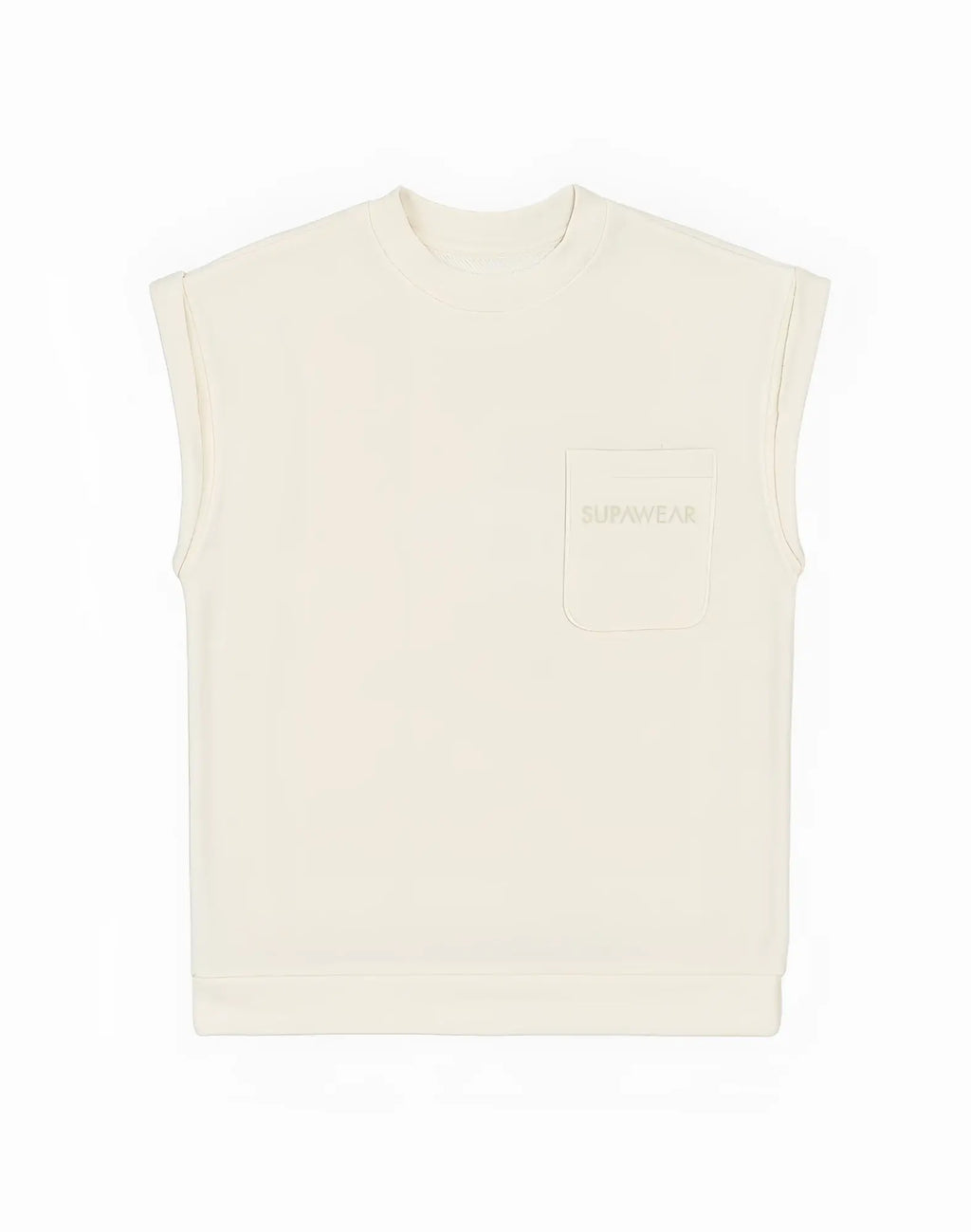 Cream-colored sleeveless terry towelling sweatshirt with subtle embroidered logo on chest pocket by supawear