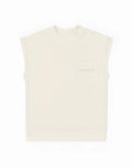 Cream-colored sleeveless terry towelling sweatshirt with subtle embroidered logo on chest pocket by supawear
