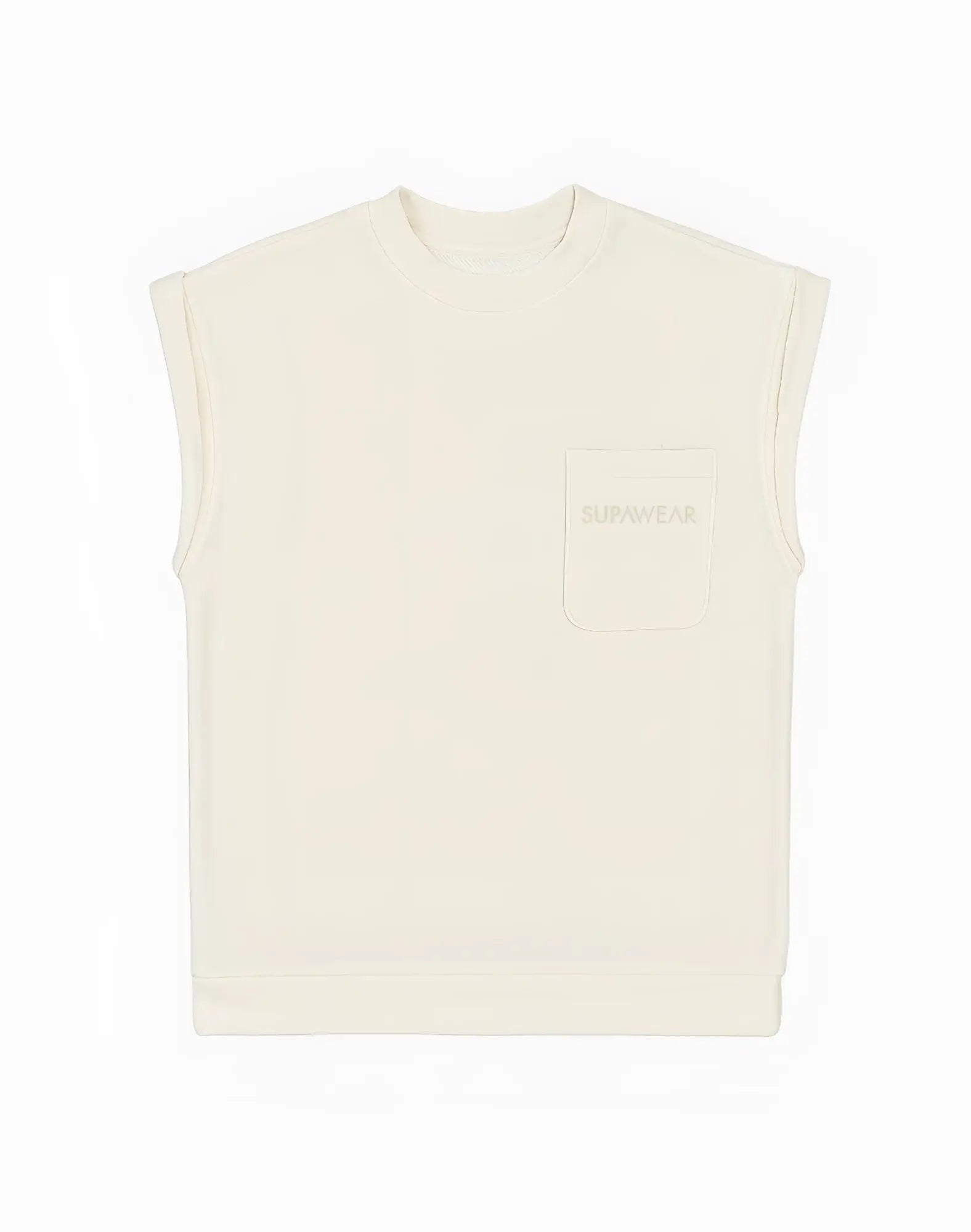 Cream-colored sleeveless terry towelling sweatshirt with subtle embroidered logo on chest pocket by supawear