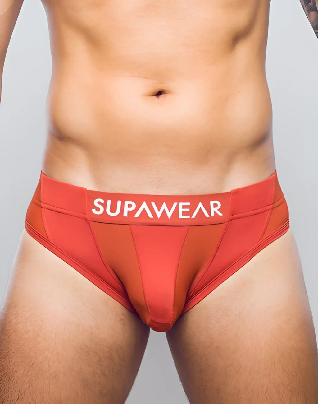 Red supawear vortex brief underwear in cranberry with a white waistband featuring bold supawear branding