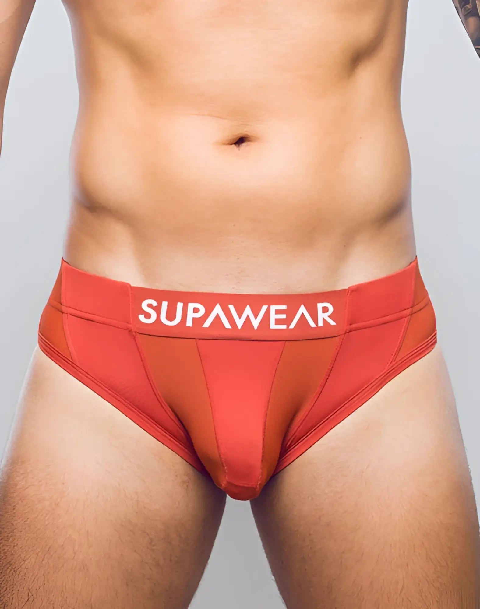 Red supawear vortex brief underwear in cranberry with a white waistband featuring bold supawear branding