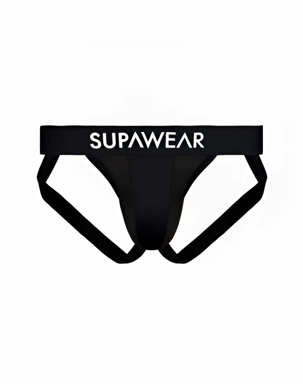 Black supawear vortex jockstrap briefs with white waistband lettering designed for comfortable support