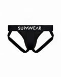Black supawear vortex jockstrap briefs with white waistband lettering designed for comfortable support