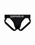 Black supawear vortex jockstrap briefs with white waistband lettering designed for comfortable support