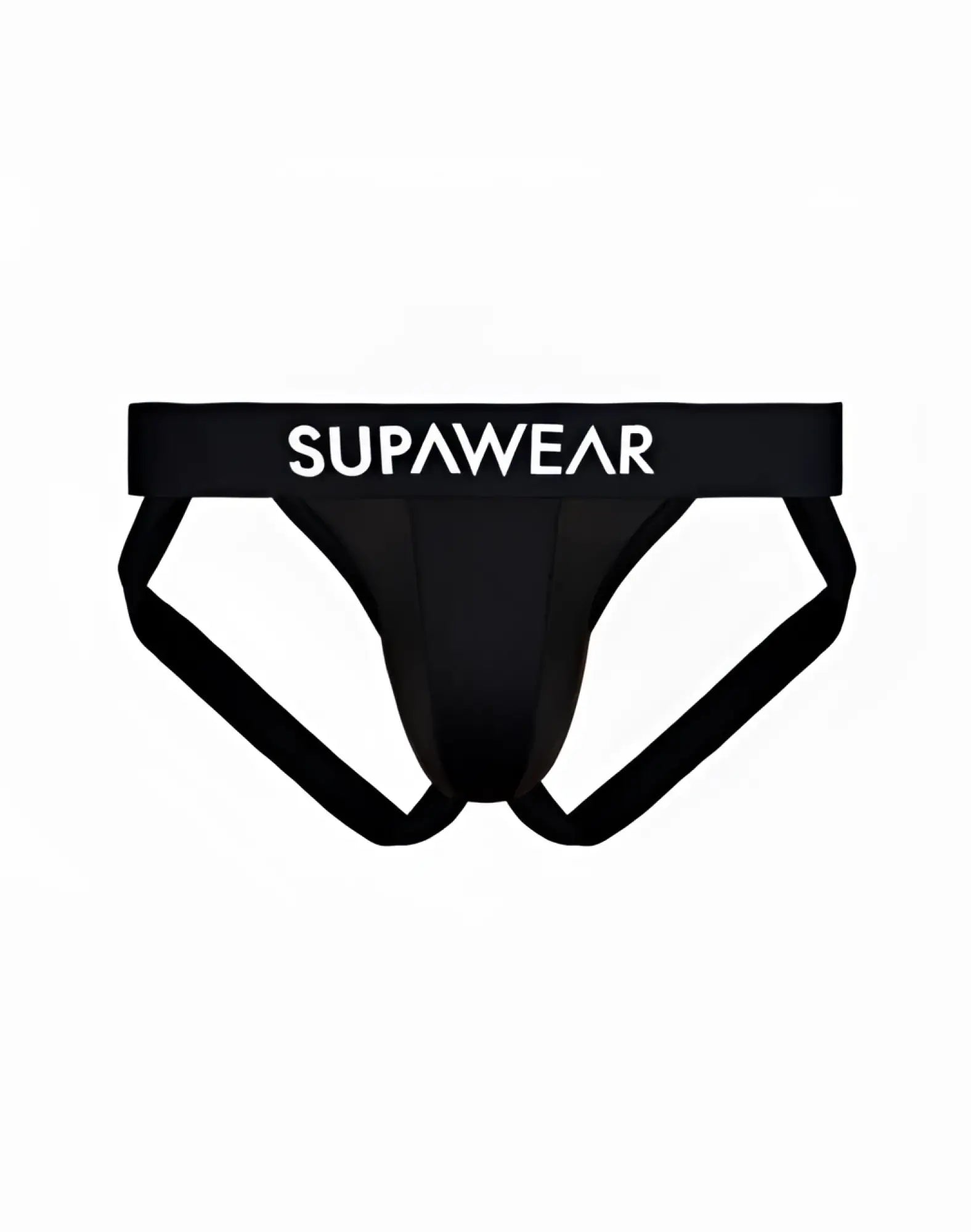 Black supawear vortex jockstrap briefs with white waistband lettering designed for comfortable support