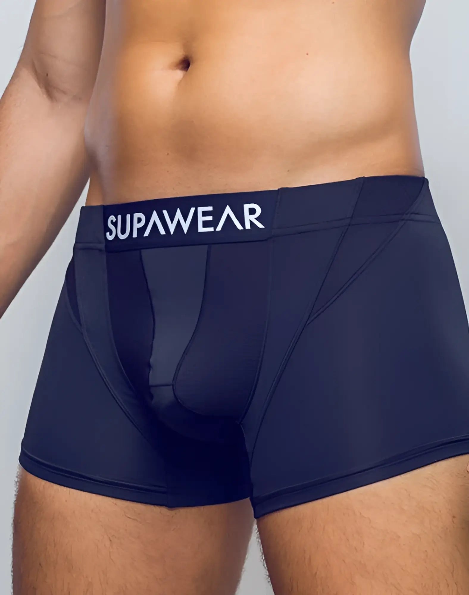 Navy blue SUPAWEAR Vortex Trunk boxer briefs with supportive contoured design and breathable mesh paneling
