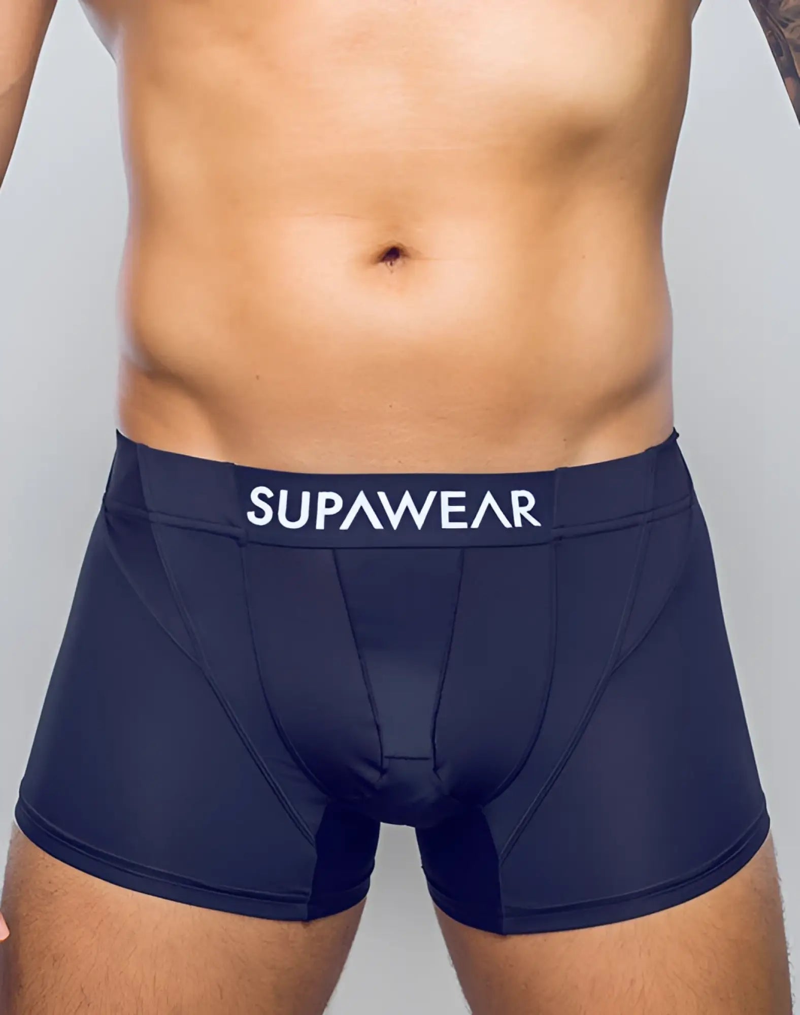Navy blue supawear vortex trunk boxer briefs with white branded waistband designed for comfortable everyday wear