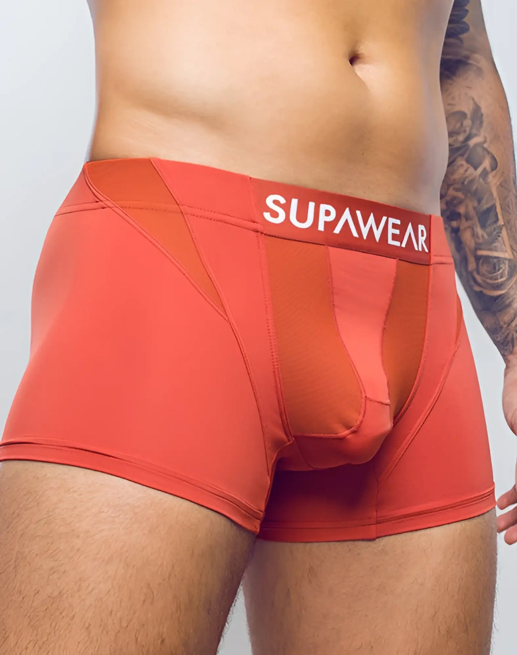 Red supawear vortex trunk underwear with mesh panel and elastic waistband in cranberry color
