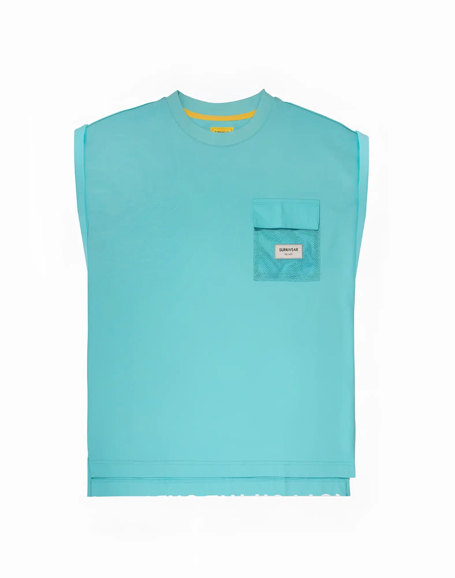 SupaWear wide-cut tank turquoise blue with yellow inner collar and mesh chest pocket in light blue sleeveless design