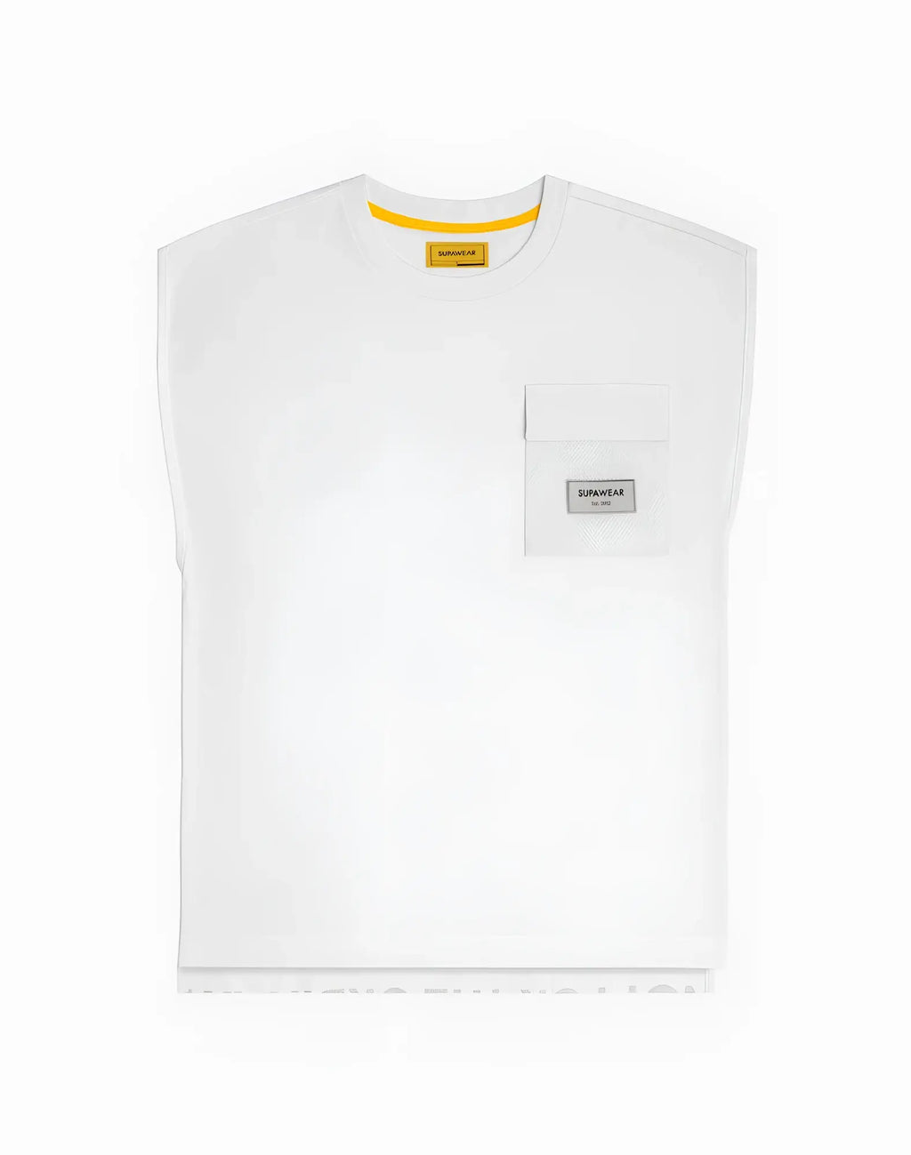 Supawear wide-cut tank sleeveless t-shirt in white with a yellow inner collar tag and gray durabear patch pocket