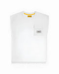 Supawear wide-cut tank sleeveless t-shirt in white with a yellow inner collar tag and gray durabear patch pocket