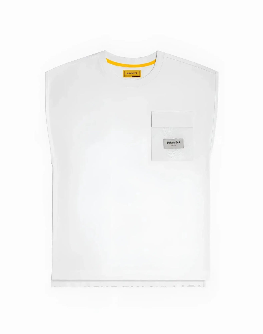 Supawear wide-cut tank sleeveless t-shirt in white with a yellow inner collar tag and gray durabear patch pocket