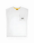 Supawear wide-cut tank sleeveless t-shirt in white with a yellow inner collar tag and gray durabear patch pocket