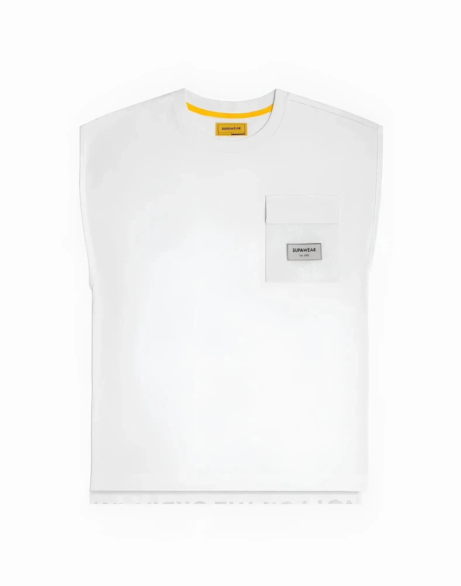 Supawear wide-cut tank sleeveless t-shirt in white with a yellow inner collar tag and gray durabear patch pocket