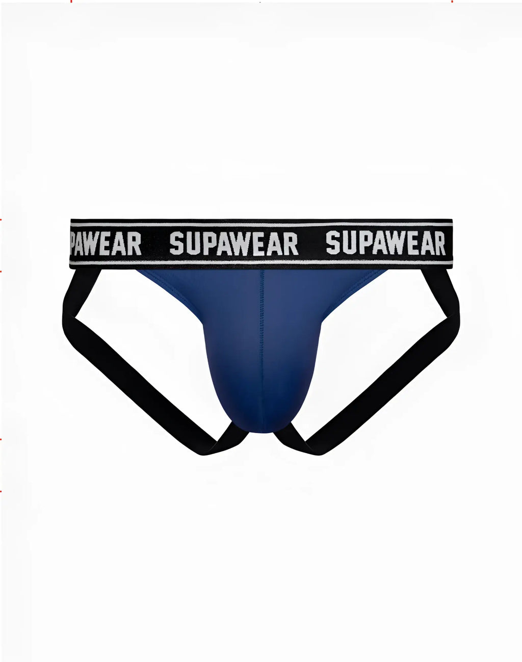 Blue supawear wow jockstrap underwear with black elastic waistband and leg straps in navy color