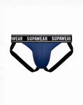 Blue supawear wow jockstrap underwear with black elastic waistband and leg straps in navy color