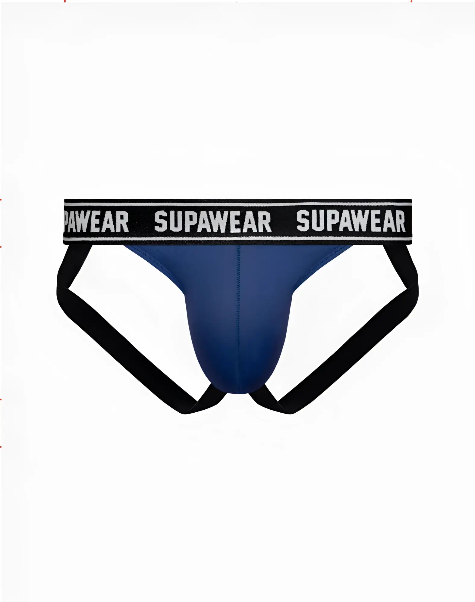 Blue supawear wow jockstrap underwear with black elastic waistband and leg straps in navy color