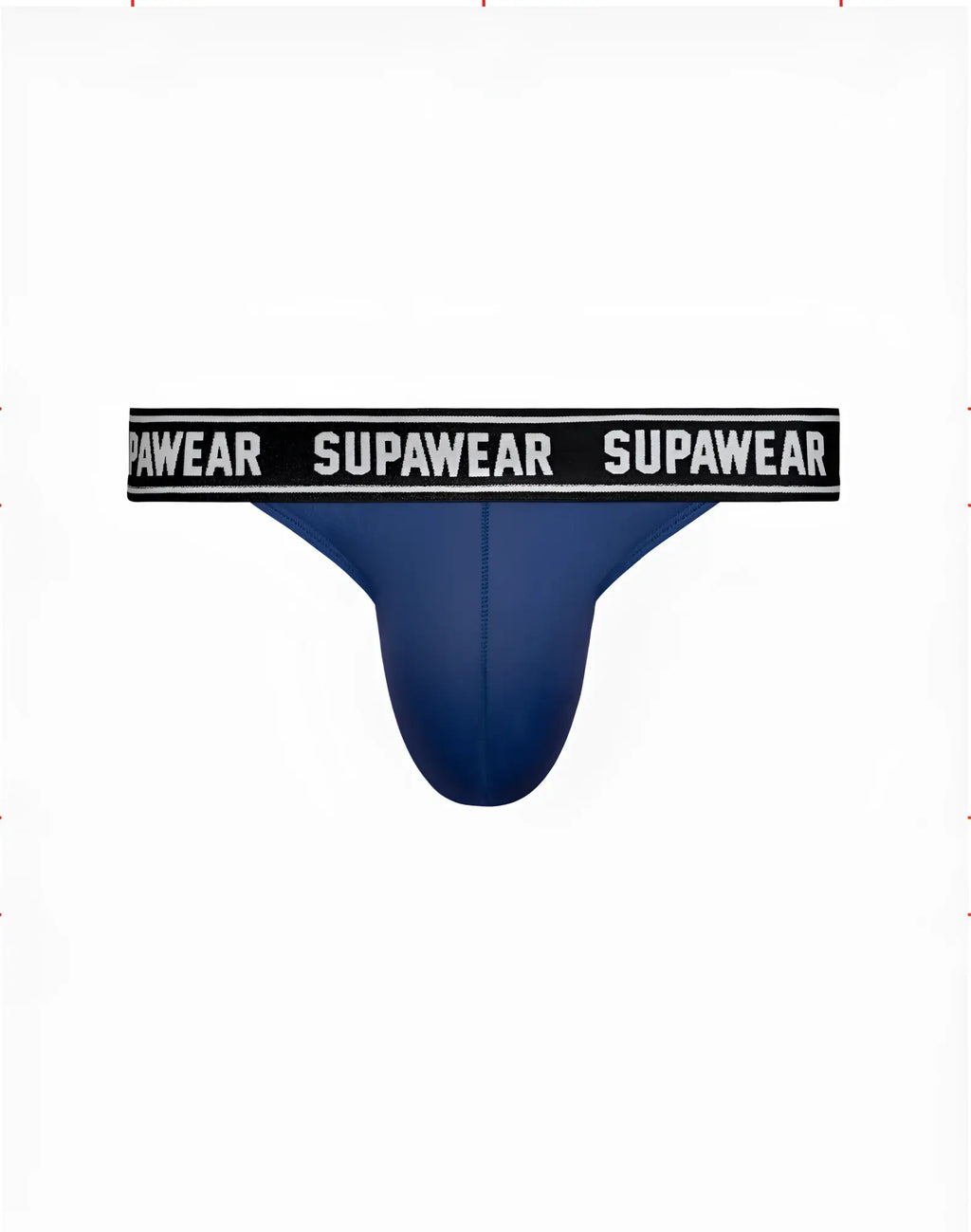 Navy supawear wow thong underwear with blue briefs and a black waistband featuring white supawear lettering