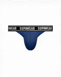 Navy supawear wow thong underwear with blue briefs and a black waistband featuring white supawear lettering