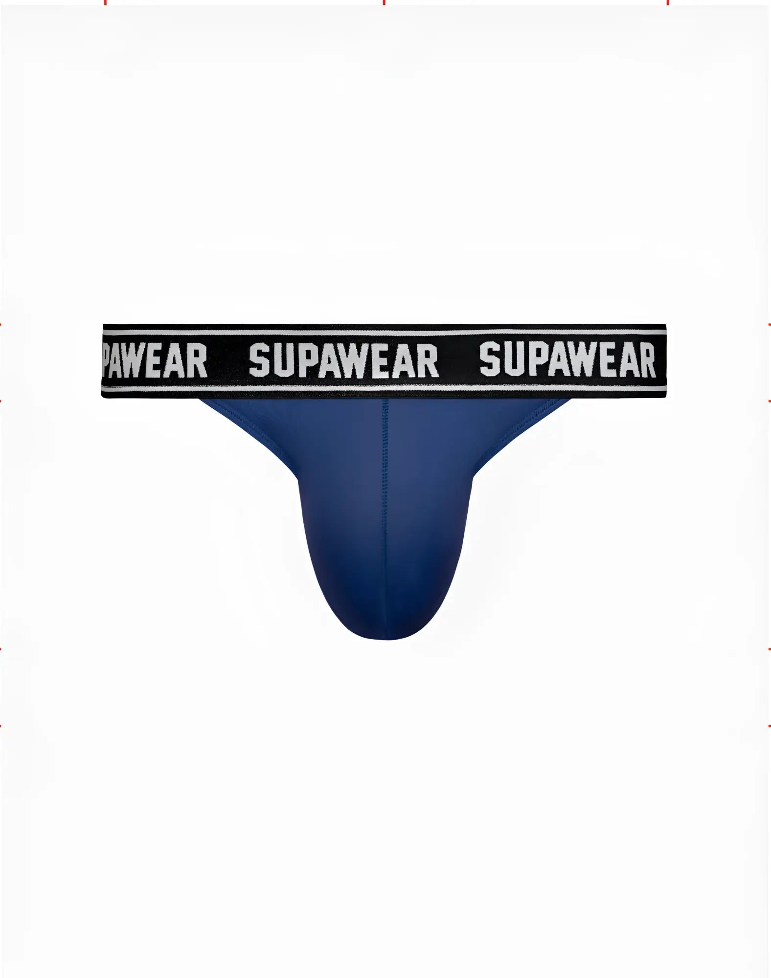 Navy supawear wow thong underwear with blue briefs and a black waistband featuring white supawear lettering