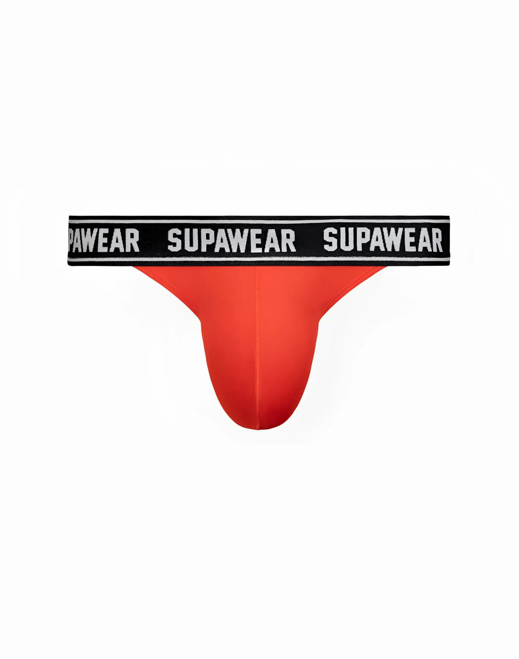 Red supawear wow thong underwear featuring a bright red fabric with a black waistband and white supawear lettering