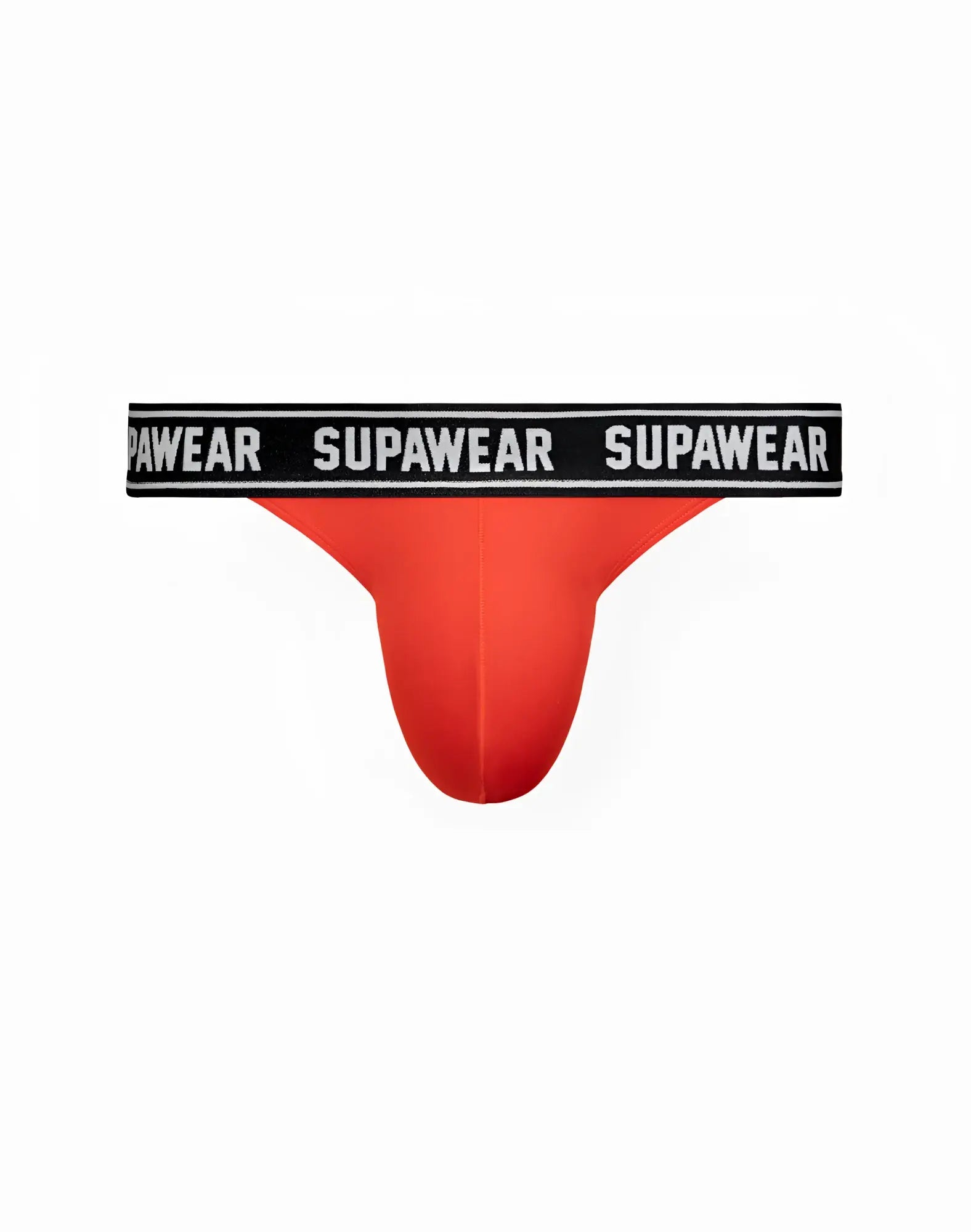 Red supawear wow thong underwear featuring a bright red fabric with a black waistband and white supawear lettering