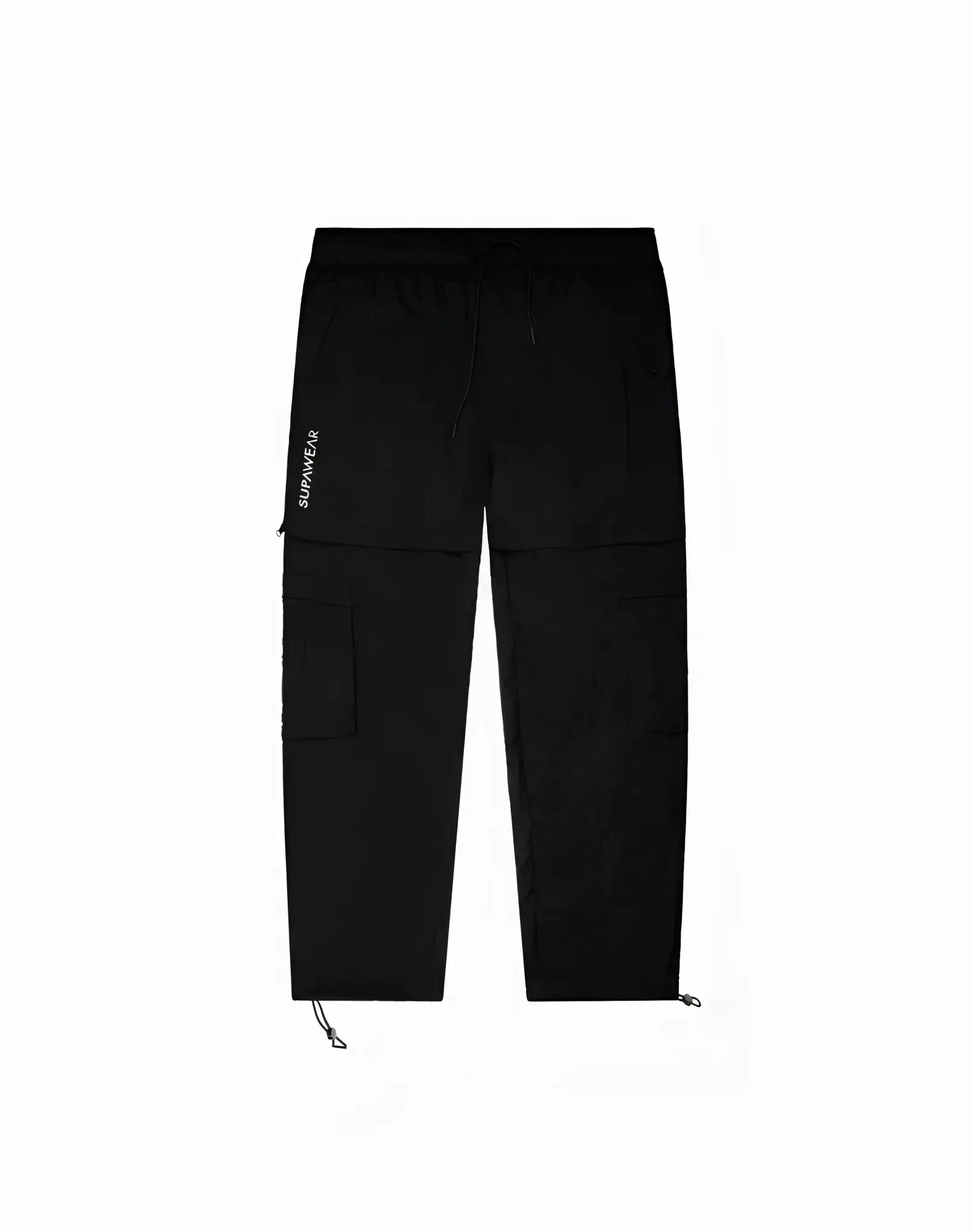 Black supawear zip-off trousers with multiple cargo pockets and adjustable drawstring cuffs for versatile wear
