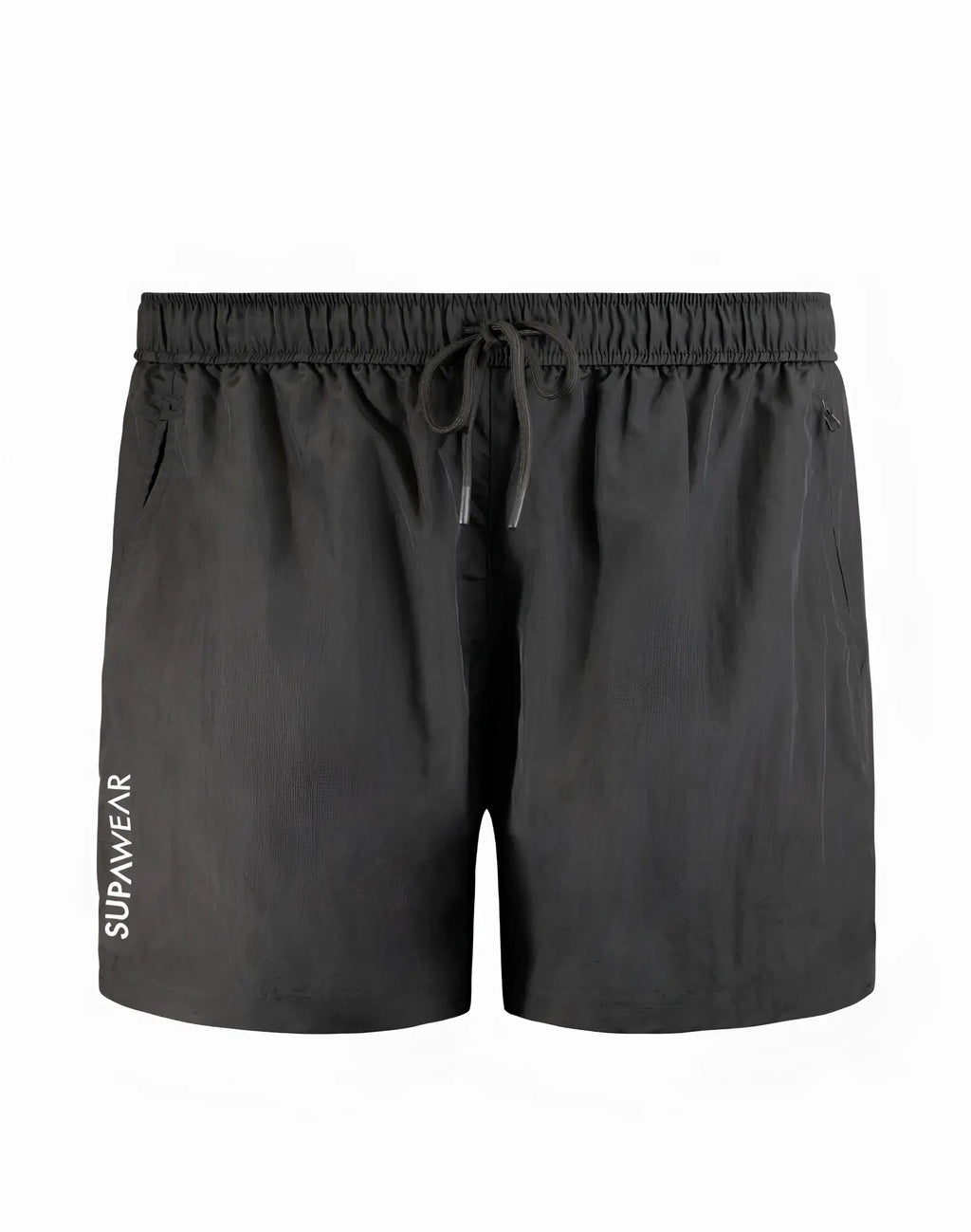Black supawear zip-off trouser swim shorts with drawstring waistband and subtle side branding for active wear