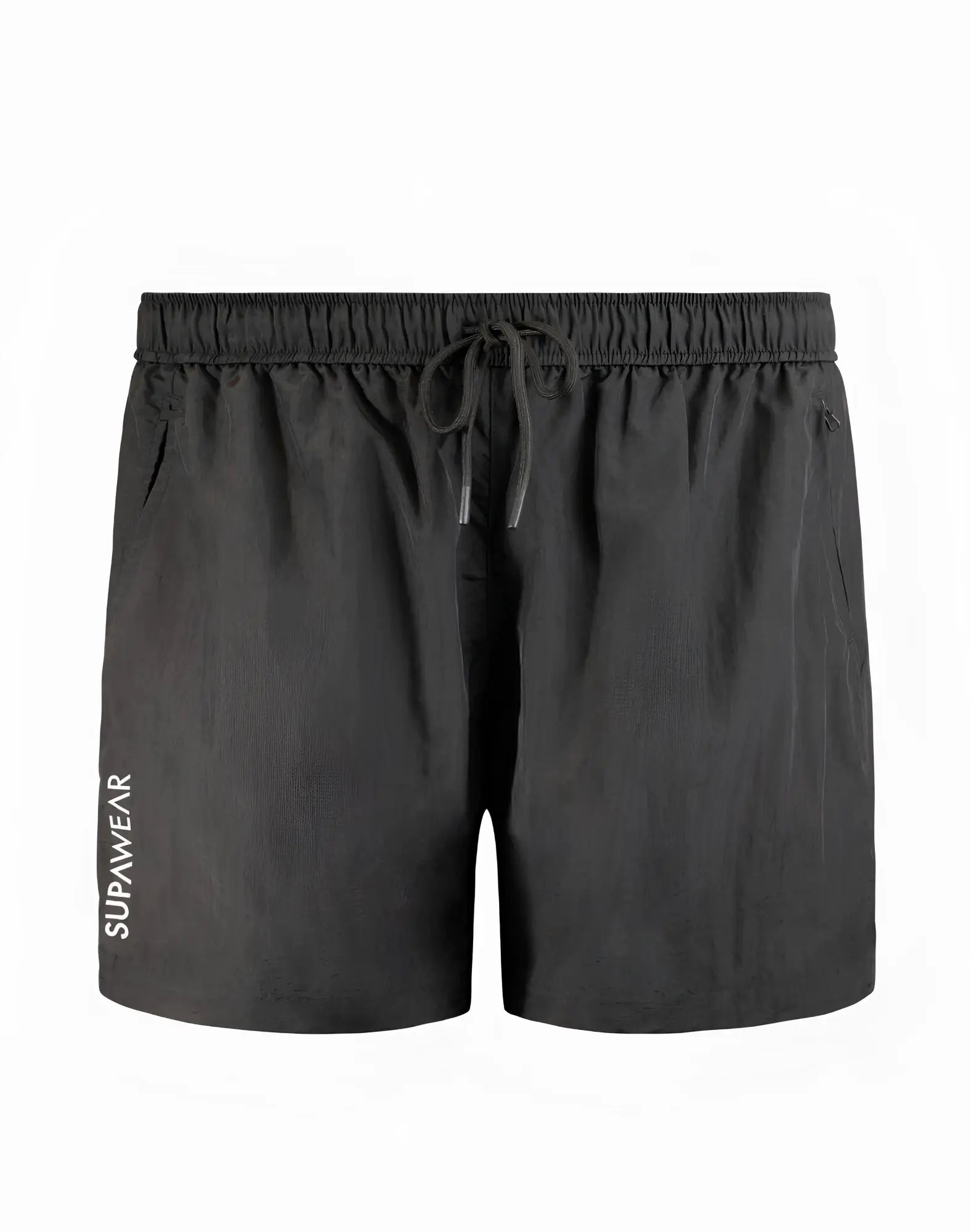Black supawear zip-off trouser swim shorts with drawstring waistband and subtle side branding for active wear