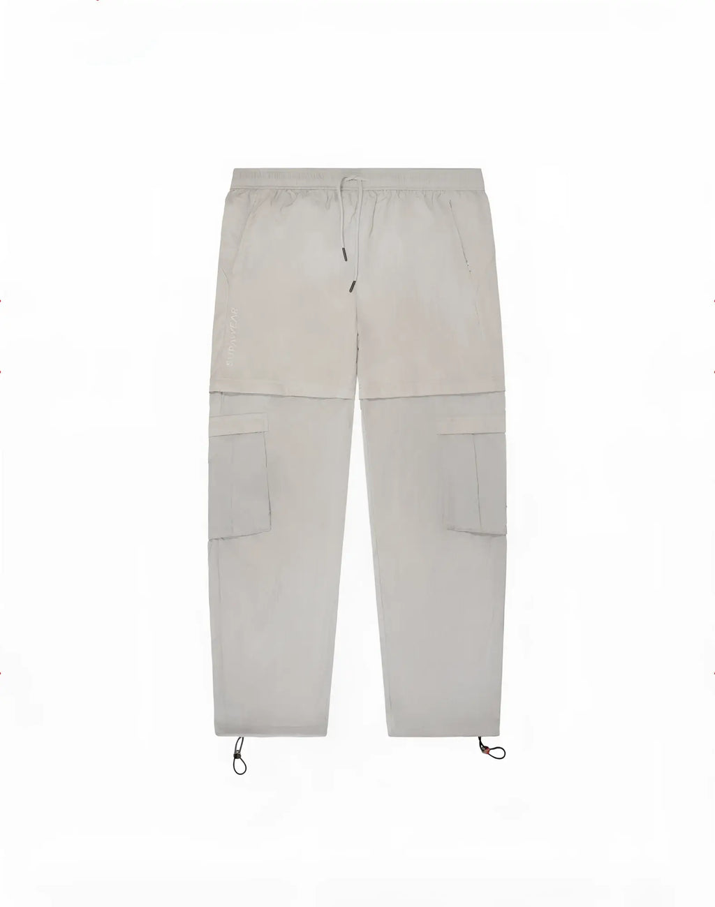 Beige supawear zip-off trouser cargo pants with drawstring waist and adjustable cuffs for versatile wear