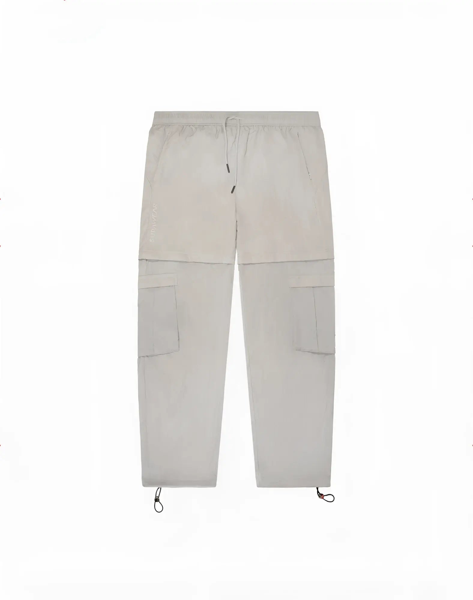 Beige supawear zip-off trouser cargo pants with drawstring waist and adjustable cuffs for versatile wear