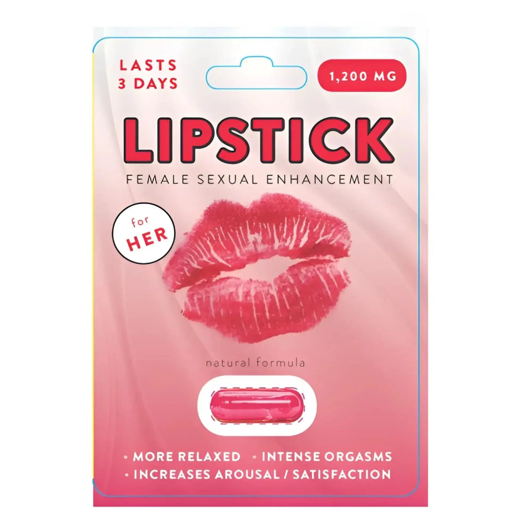 Pink cylindrical capsule in a pink and white blister pack labeled lipstick female sexual enhancement pill for libido support