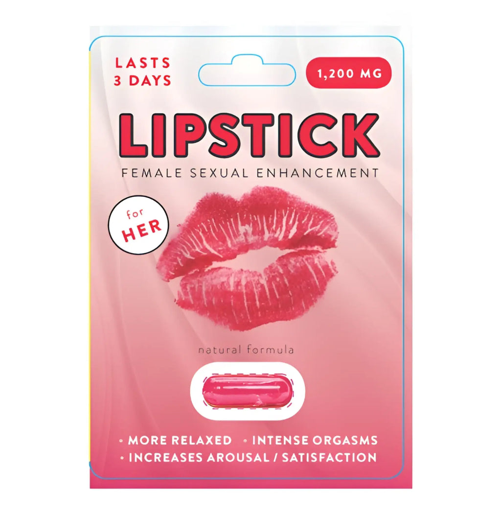 Pink cylindrical capsule in a pink and white blister pack labeled lipstick female sexual enhancement pill for libido support