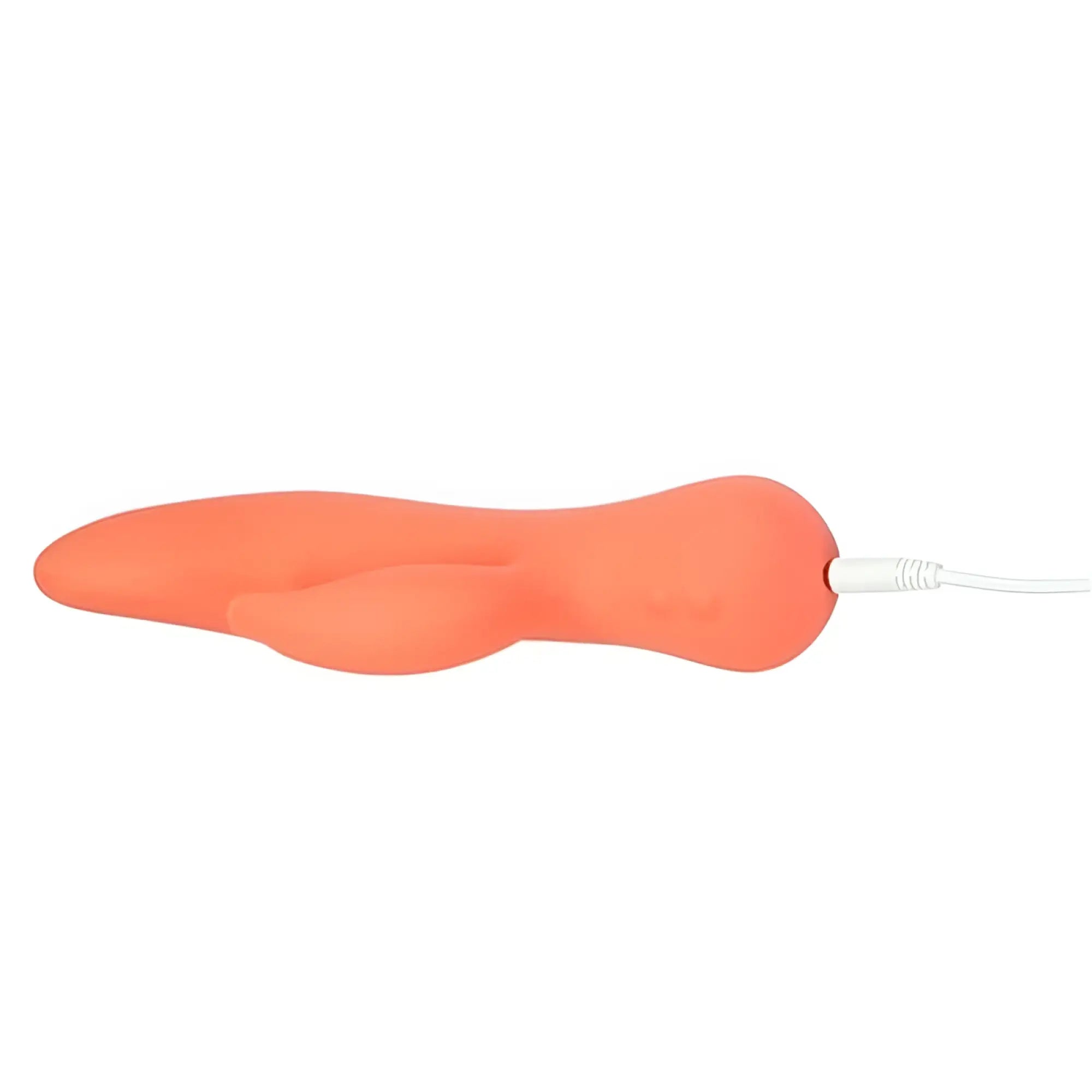 Orange silicone Swan Blossom Swan Rabbit vibrator with white charging cable attached for personal use