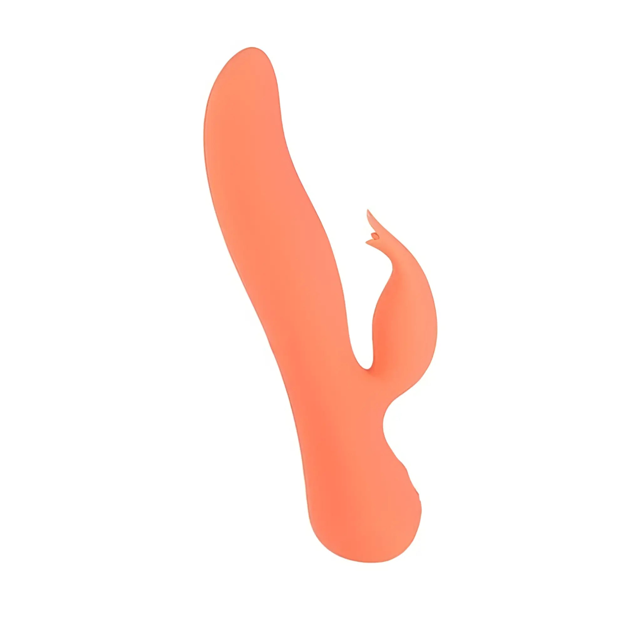 A sleek coral-colored silicone rabbit vibrator with a smooth ergonomic design from swan blossom swan rabbit vibrator