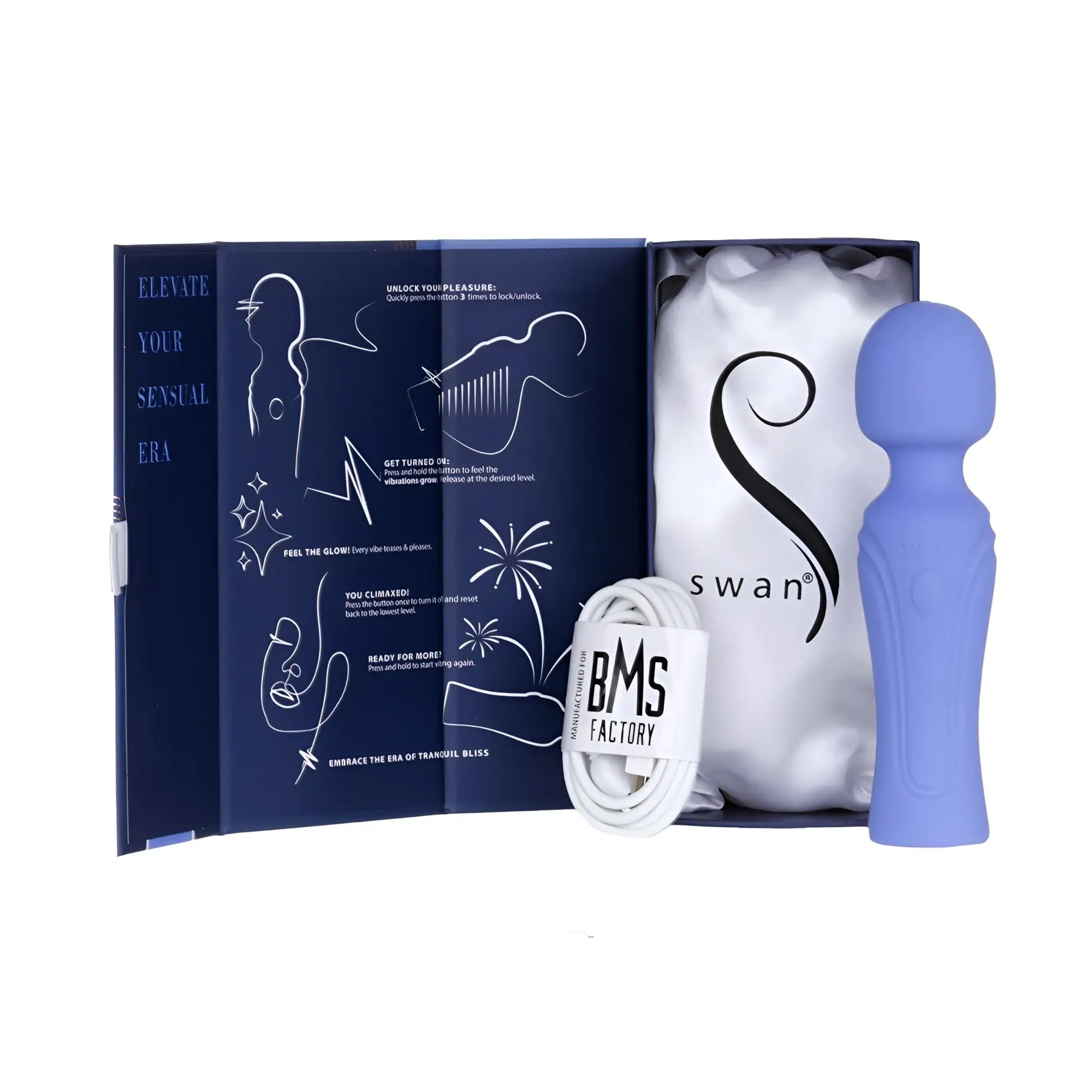 Blue silicone swan era massage wand with ergonomic design and smooth rounded contours for comfortable use