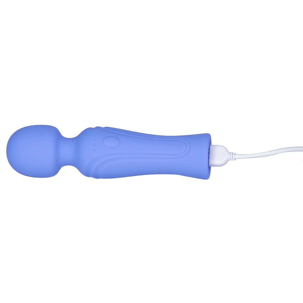 Blue silicone swan era massage wand with white charging cable for personal relaxation and muscle relief