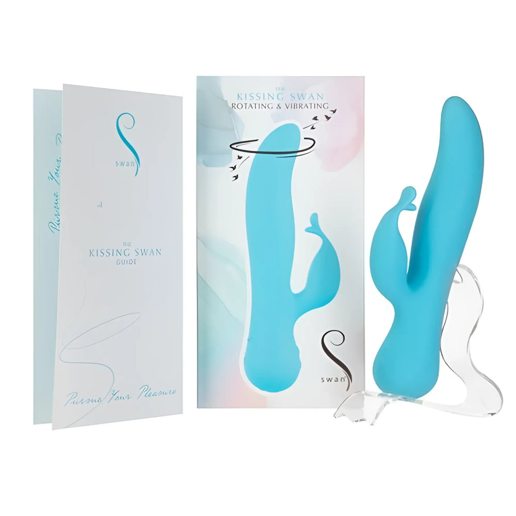 Blue silicone swan kissing rabbit vibrator with rotating and vibrating features for personal pleasure