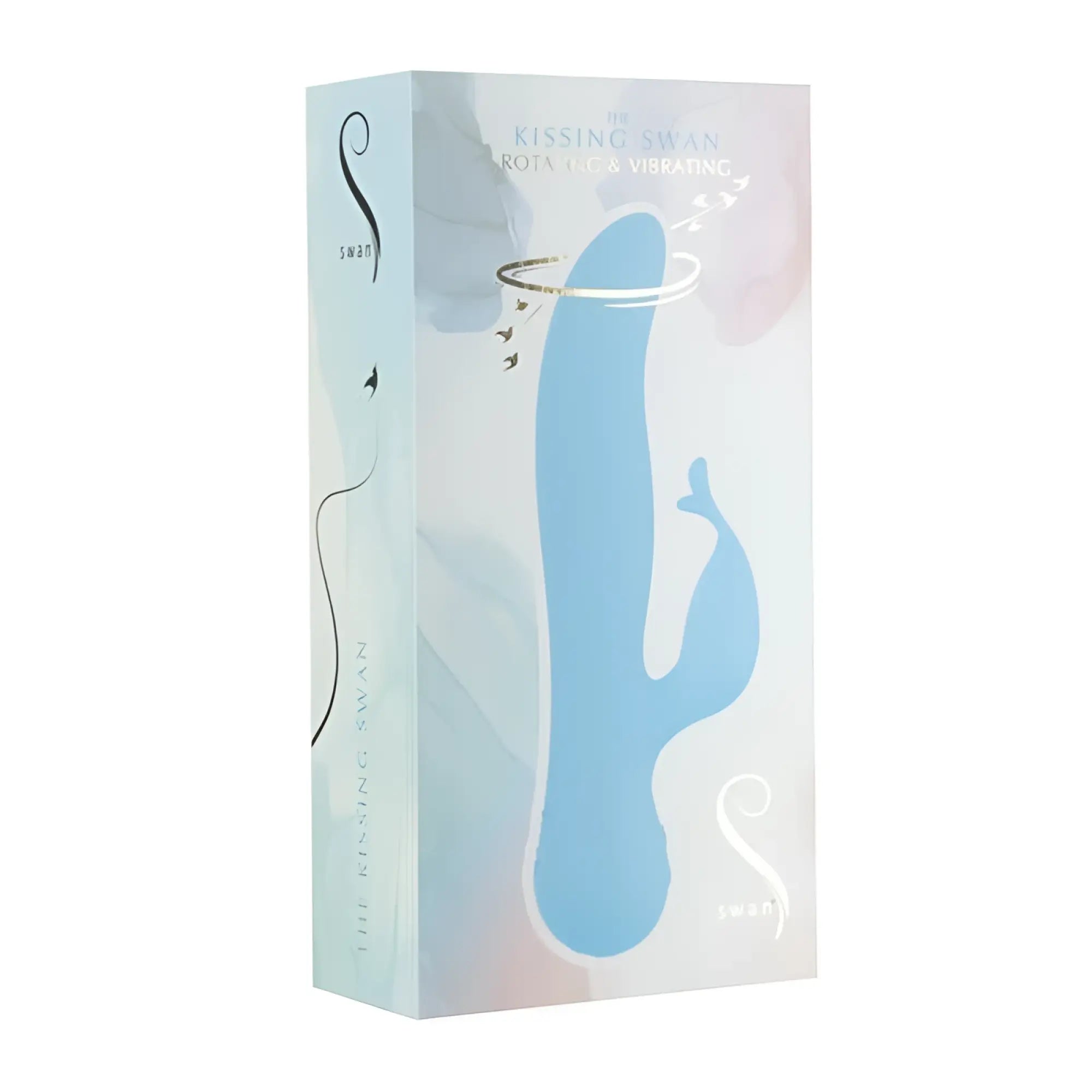 Light blue silicone kissing swan-shaped rotating and vibrating rabbit vibrator in branded packaging