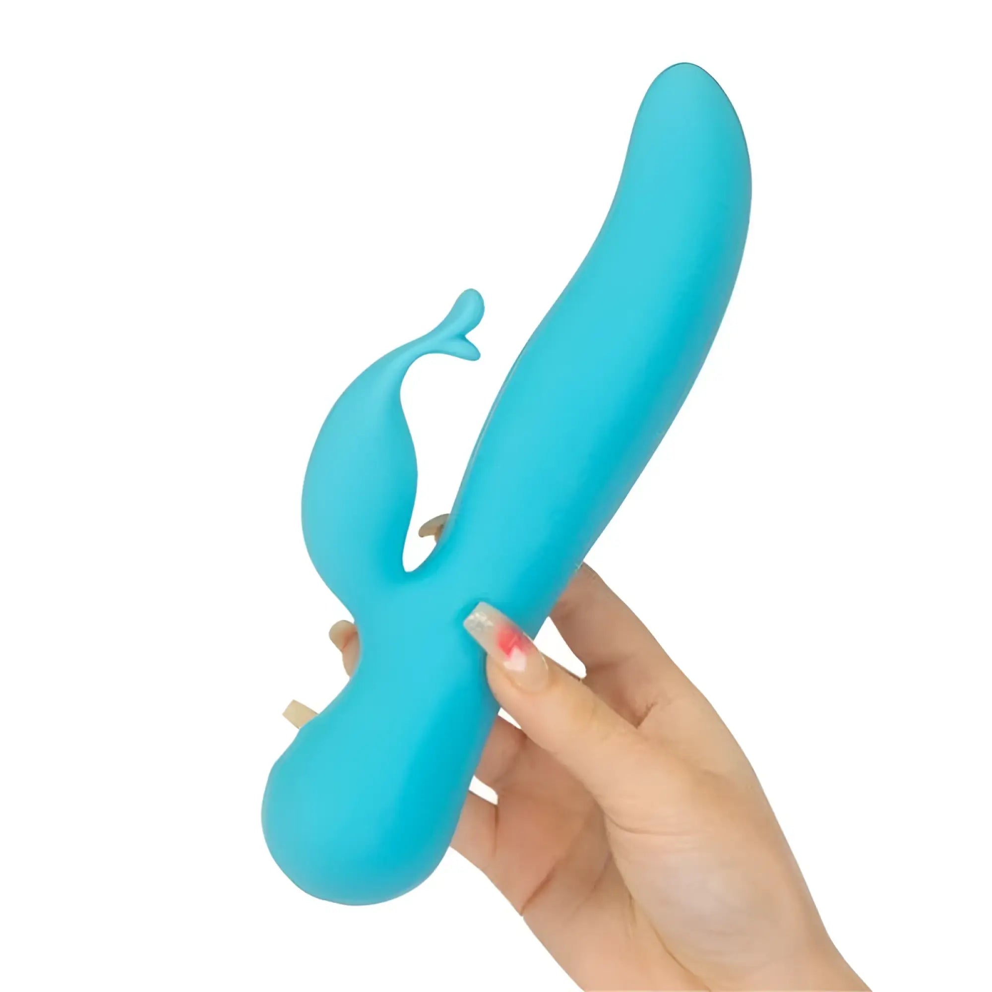 A sleek turquoise silicone rabbit vibrator with a curved design and wand-like appendage called swan kissing swan