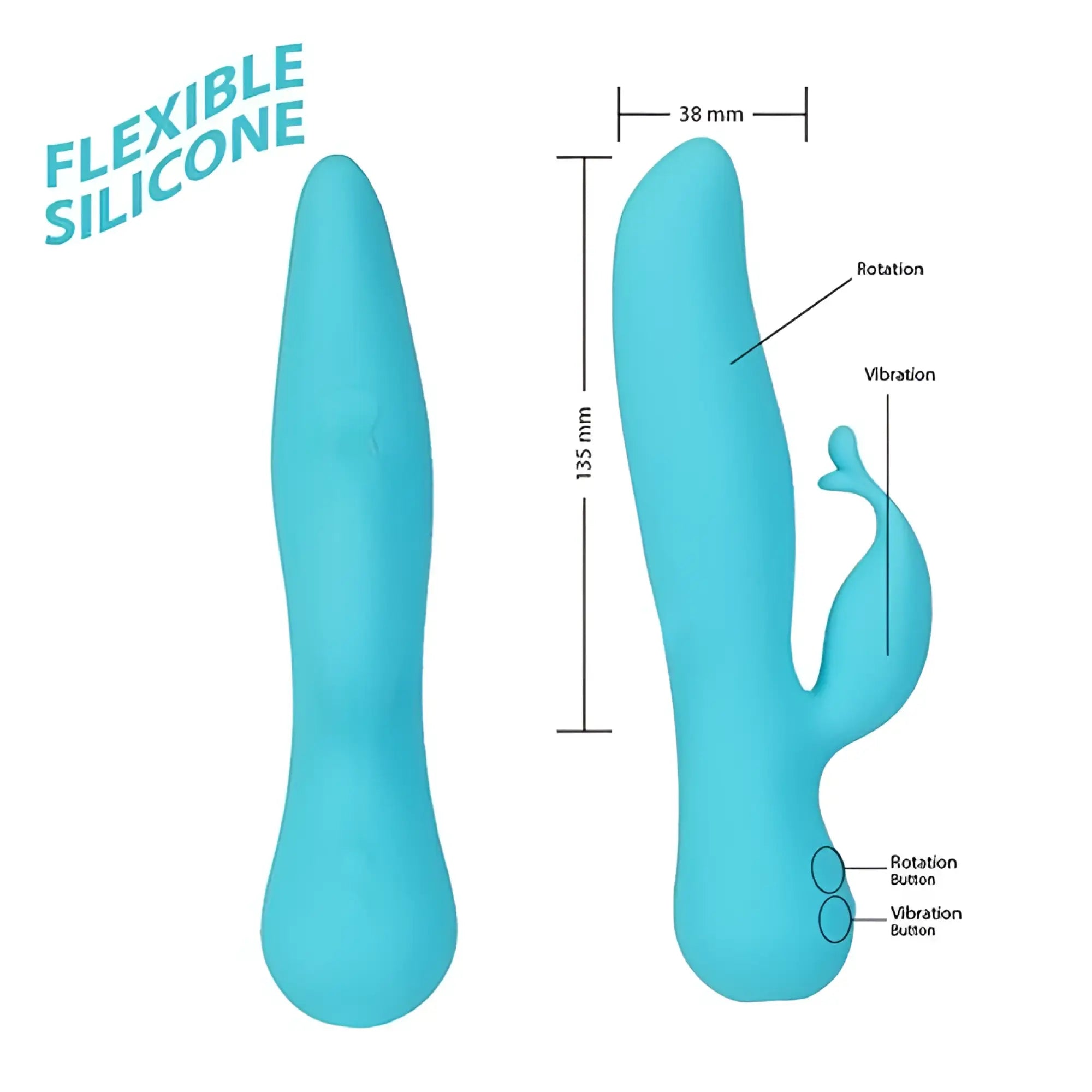 Turquoise flexible silicone swan kissing swan rabbit vibrator with smooth glossy finish and two control buttons at base