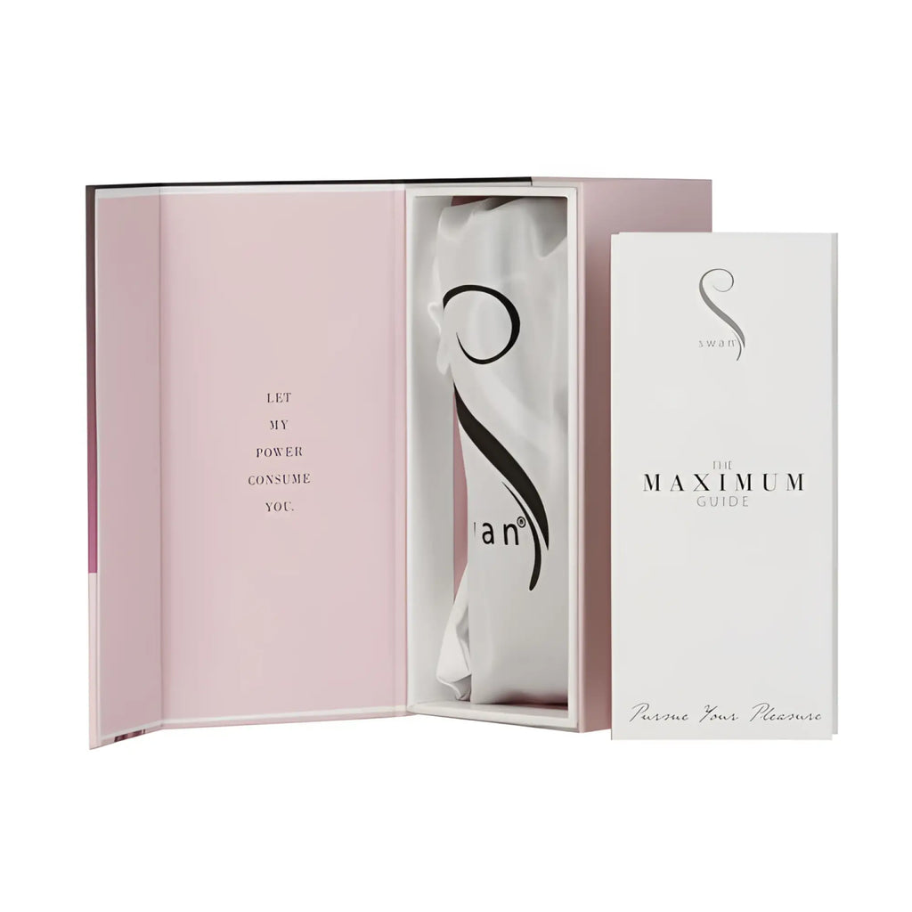 The swan maximum guide booklet in sleek white with black typography and swan logo for comfy cuff bullet pink