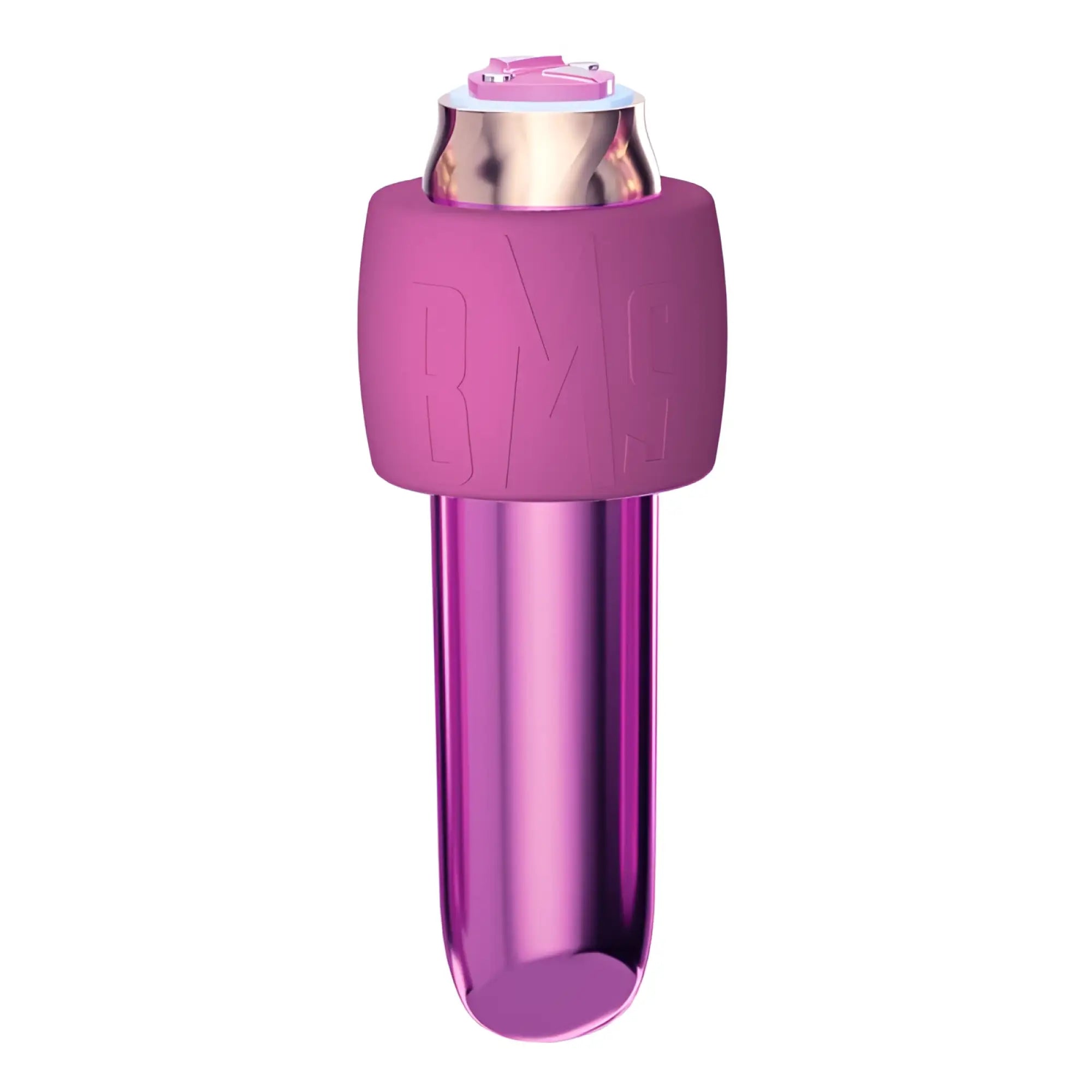 Purple metallic rechargeable bullet with matte pink silicone grip and rose gold accents for comfortable use