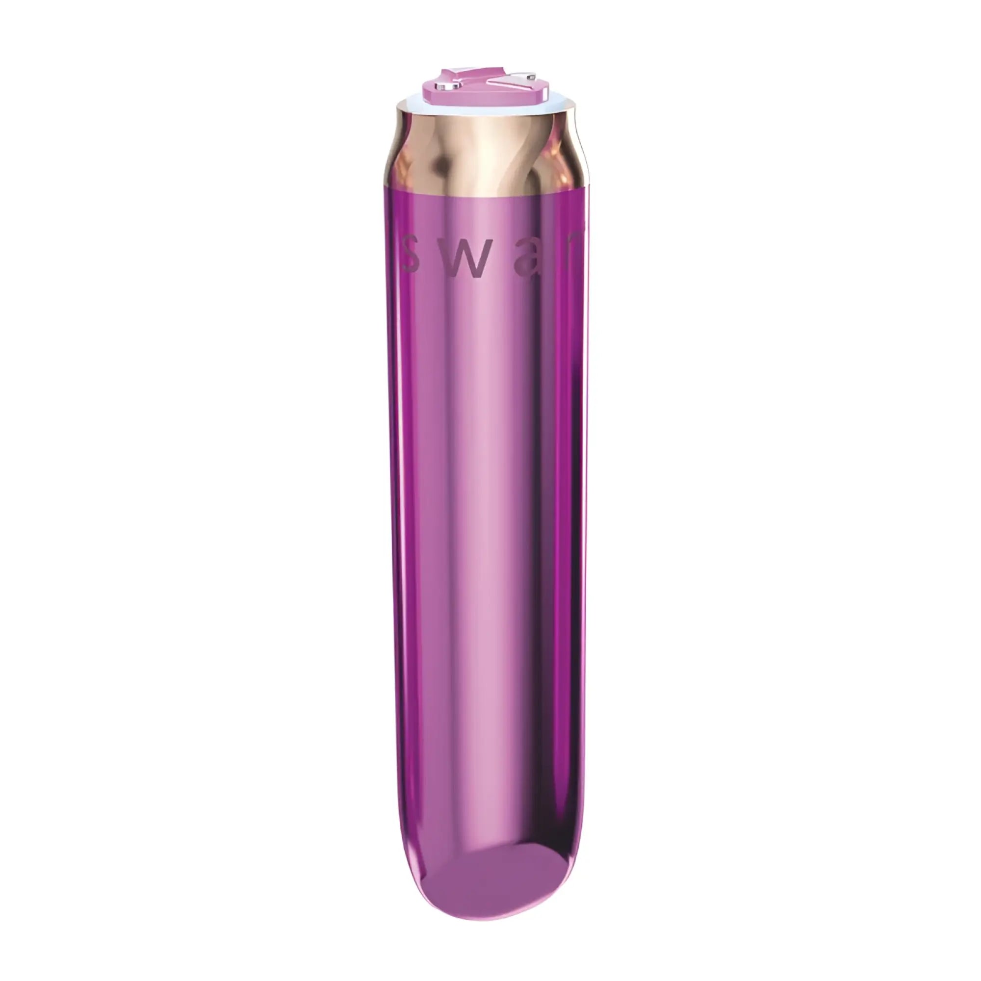 Purple metallic rechargeable bullet device with rose gold top and swall engraving from swan maximum comfy cuff pink